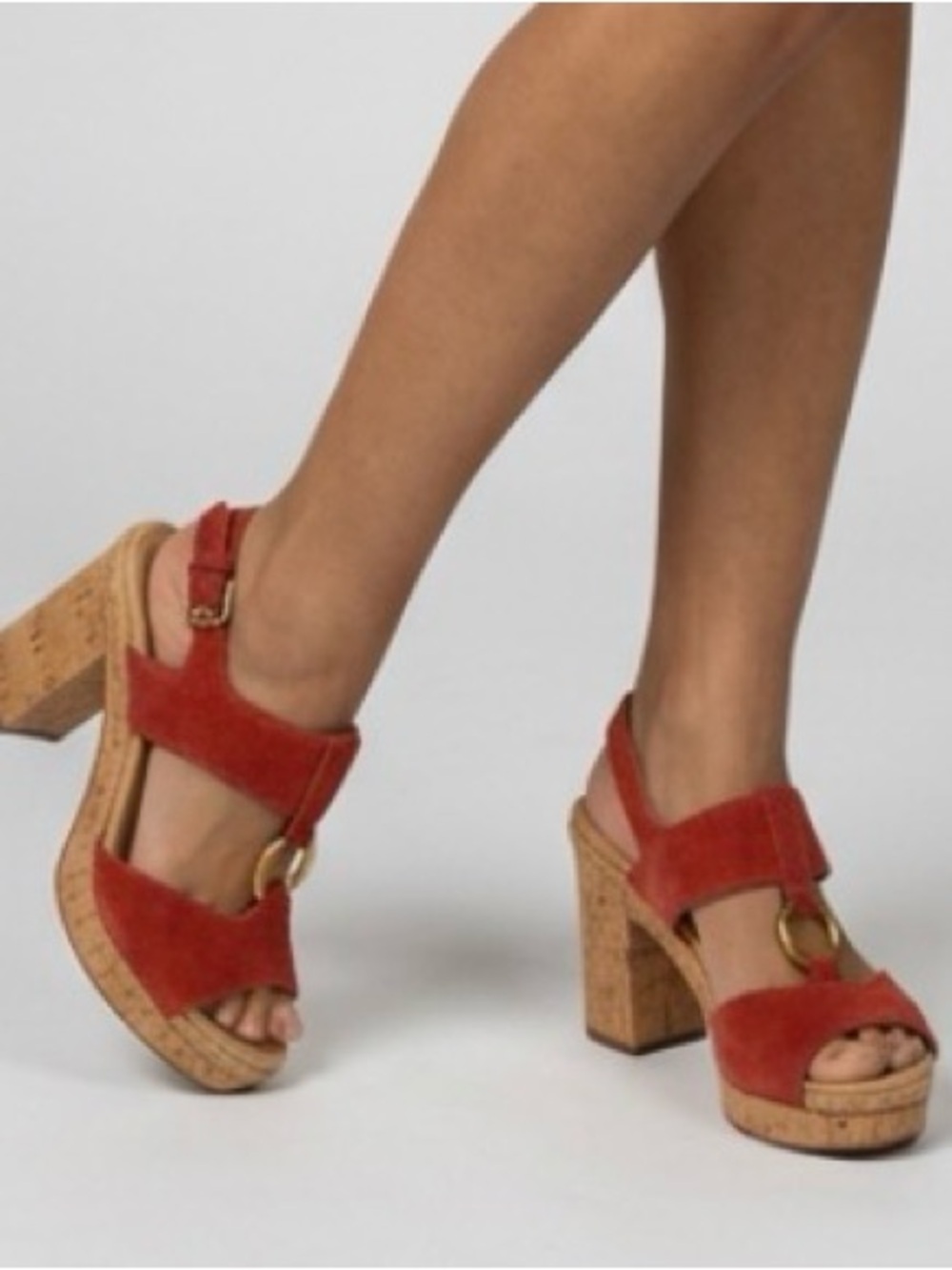 Coach Red Suede Platform Block Heel Sandals